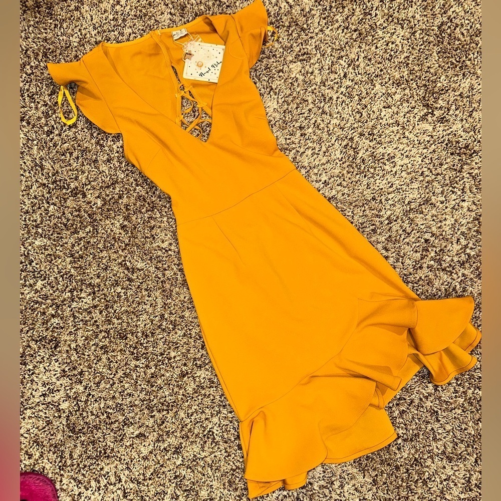 NWT ANGEL BIBA MUSTARD MINI DRESS WITH LACE UP BACK